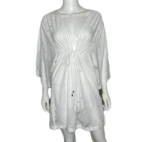 Dotti Women's White Tie Front Santorini Tile Tunic Swimsuit Cover-up sz L - Picture 2 of 4